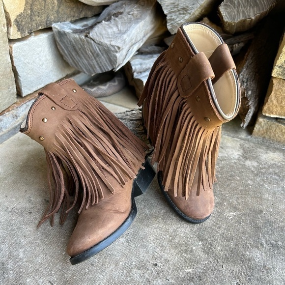 Old West leather round toe western brown fringe kids boots Sz-7.0D.   J - Picture 3 of 11